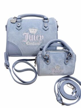 Juicy Couture Retro Y2K Baby Blue Velour Bowler Bag & Mini Bag Set Rhinestone